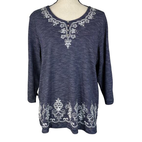 Alfred Dunner Tops - Alfred Dunner X-Large Top Striped Floral Embroidered 3/4 Sleeve Stretch Slits